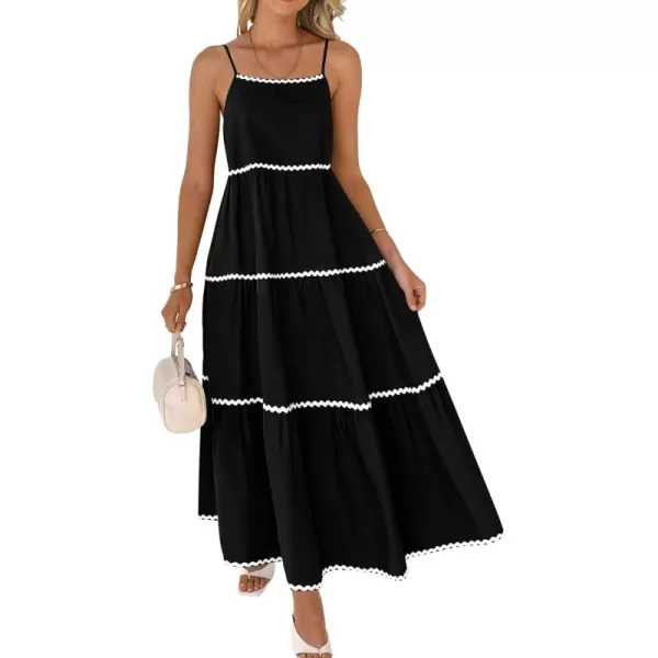 BTFBM Boho Summer Dresses 2024 Vacation Spaghetti Strap Backless RIC Rac Trim Tiered ALine Long Casual Swing SundressSolid Black
