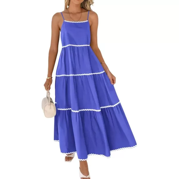 BTFBM Boho Summer Dresses 2024 Vacation Spaghetti Strap Backless RIC Rac Trim Tiered ALine Long Casual Swing SundressSolid Blue