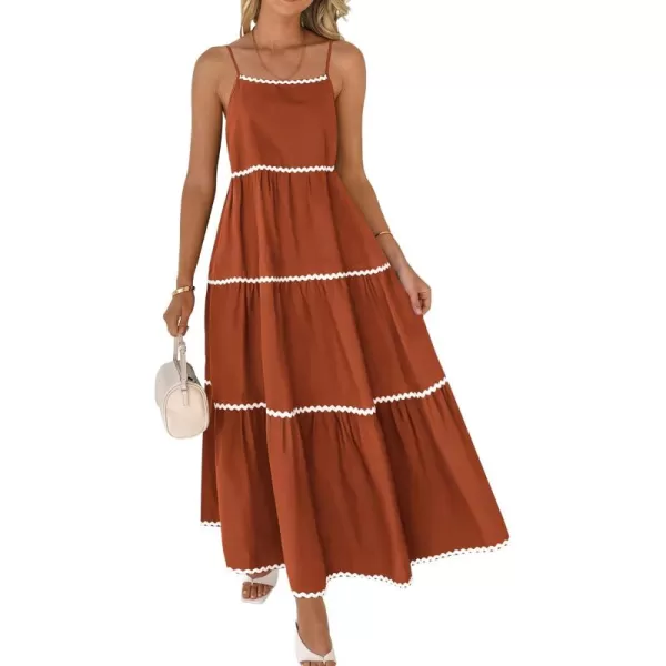 BTFBM Boho Summer Dresses 2024 Vacation Spaghetti Strap Backless RIC Rac Trim Tiered ALine Long Casual Swing SundressSolid Brick Red