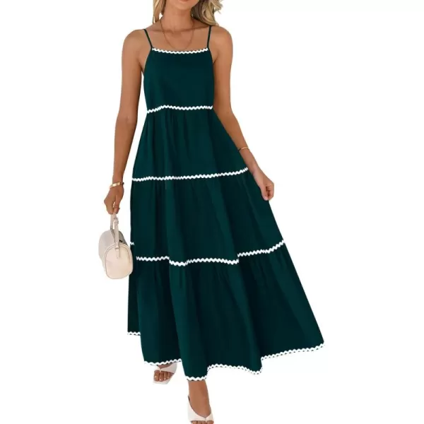 BTFBM Boho Summer Dresses 2024 Vacation Spaghetti Strap Backless RIC Rac Trim Tiered ALine Long Casual Swing SundressSolid Green