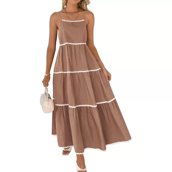 BTFBM Boho Summer Dresses 2024 Vacation Spaghetti Strap Backless RIC Rac Trim Tiered ALine Long Casual Swing SundressSolid Khaki