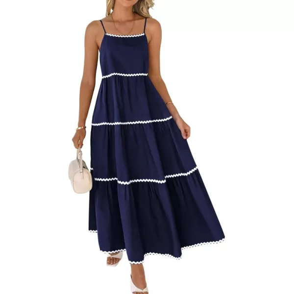 BTFBM Boho Summer Dresses 2024 Vacation Spaghetti Strap Backless RIC Rac Trim Tiered ALine Long Casual Swing SundressSolid Navy