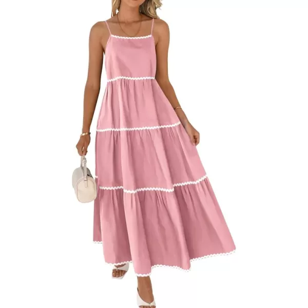 BTFBM Boho Summer Dresses 2024 Vacation Spaghetti Strap Backless RIC Rac Trim Tiered ALine Long Casual Swing SundressSolid Pink