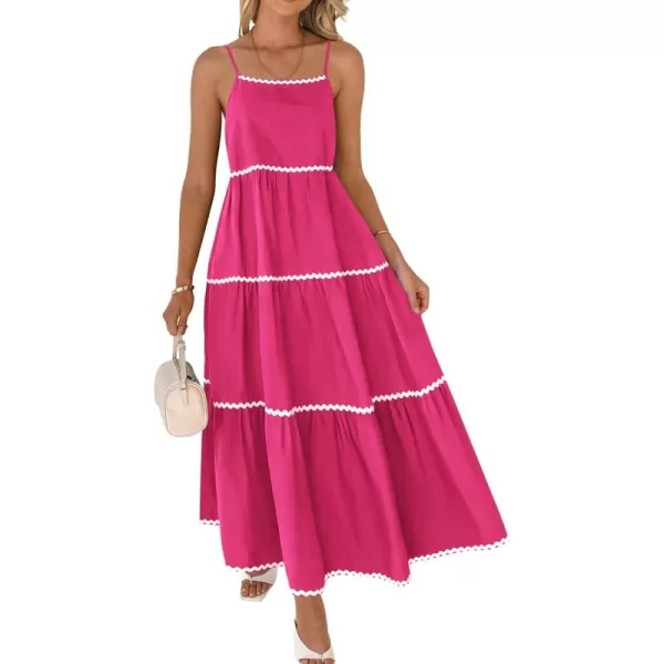 BTFBM Boho Summer Dresses 2024 Vacation Spaghetti Strap Backless RIC Rac Trim Tiered ALine Long Casual Swing SundressSolid Rose Red