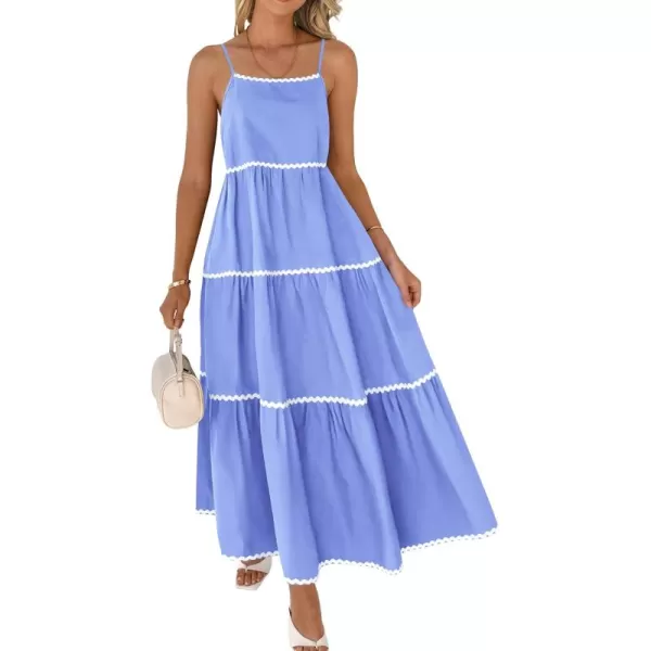 BTFBM Boho Summer Dresses 2024 Vacation Spaghetti Strap Backless RIC Rac Trim Tiered ALine Long Casual Swing SundressSolid Sky Blue