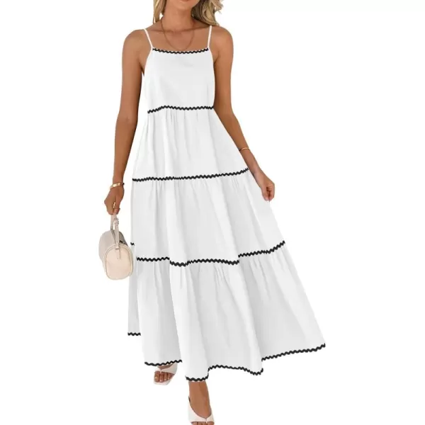 BTFBM Boho Summer Dresses 2024 Vacation Spaghetti Strap Backless RIC Rac Trim Tiered ALine Long Casual Swing SundressSolid White