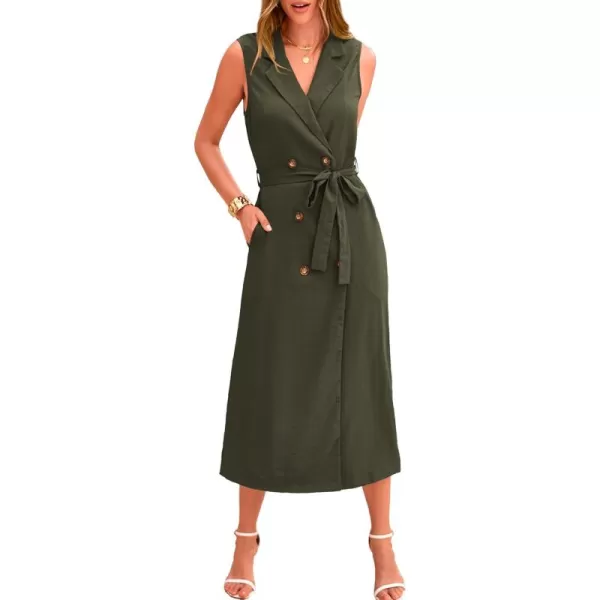 BTFBM Casual Business Dress 2024 Summer Work Office Lapel V Neck Slit Belted Sleeveless Button Down Dresses with PocketsSolid Army Green