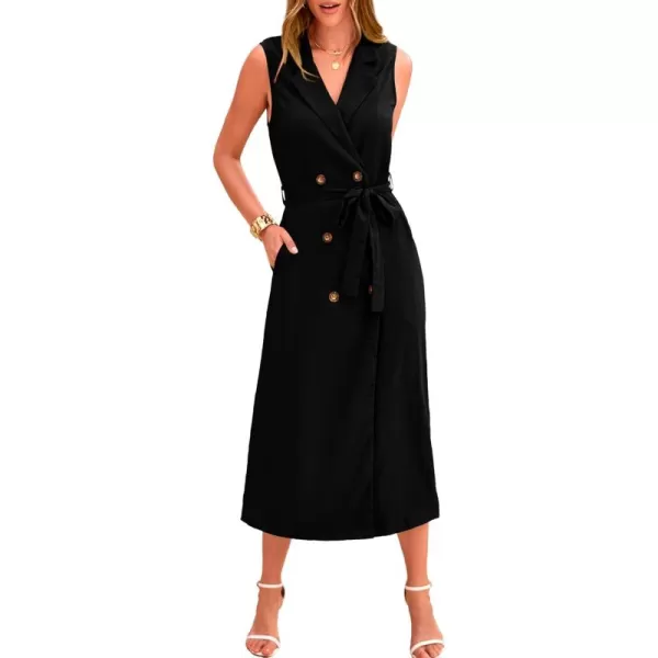 BTFBM Casual Business Dress 2024 Summer Work Office Lapel V Neck Slit Belted Sleeveless Button Down Dresses with PocketsSolid Black