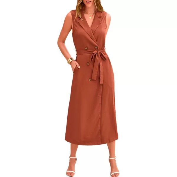 BTFBM Casual Business Dress 2024 Summer Work Office Lapel V Neck Slit Belted Sleeveless Button Down Dresses with PocketsSolid Brick Red