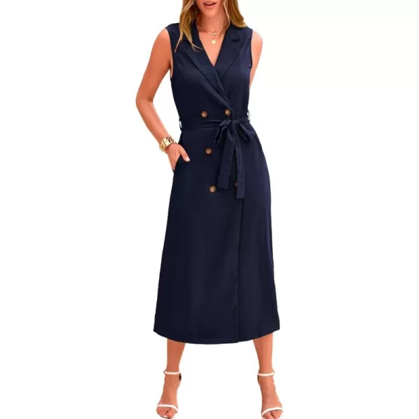 BTFBM Casual Business Dress 2024 Summer Work Office Lapel V Neck Slit Belted Sleeveless Button Down Dresses with PocketsSolid Navy