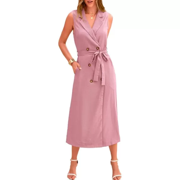 BTFBM Casual Business Dress 2024 Summer Work Office Lapel V Neck Slit Belted Sleeveless Button Down Dresses with PocketsSolid Pink