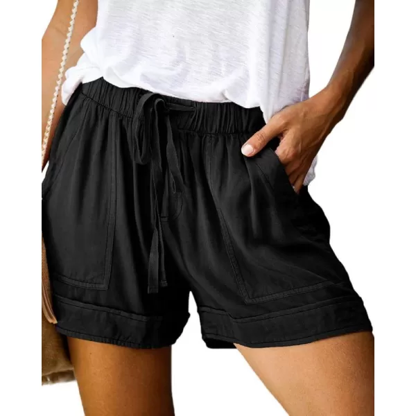 BTFBM Women 2024 Casual Shorts Solid Color Elastic Waist Drawstring Pockets Lightweight Summer Beach Short Lounge PantsBlack