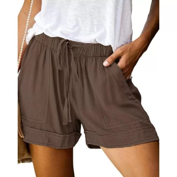 BTFBM Women 2024 Casual Shorts Solid Color Elastic Waist Drawstring Pockets Lightweight Summer Beach Short Lounge PantsSolid Brown
