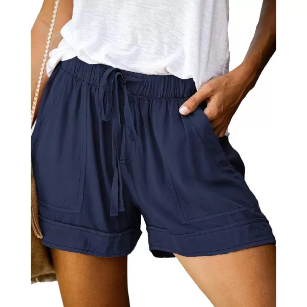 BTFBM Women 2024 Casual Shorts Solid Color Elastic Waist Drawstring Pockets Lightweight Summer Beach Short Lounge PantsSolid Dark Blue