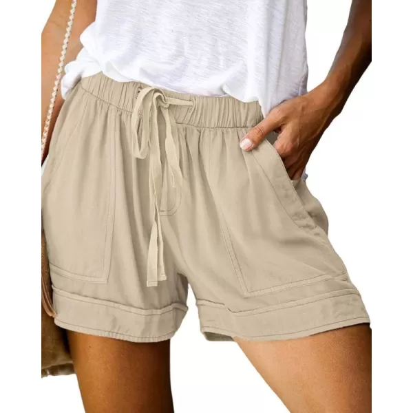 BTFBM Women 2024 Casual Shorts Solid Color Elastic Waist Drawstring Pockets Lightweight Summer Beach Short Lounge PantsSolid Khaki