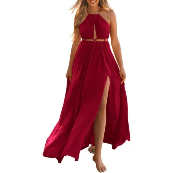 BTFBM Women 2024 Summer Sleeveless Halter Maxi Dress Cutout Backless Slit Boho Party Cocktail Casual Beach Sun DressesSolid Red