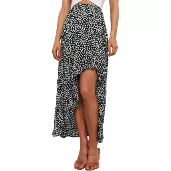 BTFBM Women 2024 Summer Spring Boho Long Skirts Dress Floral Print Elastic Waist Split Ruffle High Low Beach Maxi SkirtBlack White