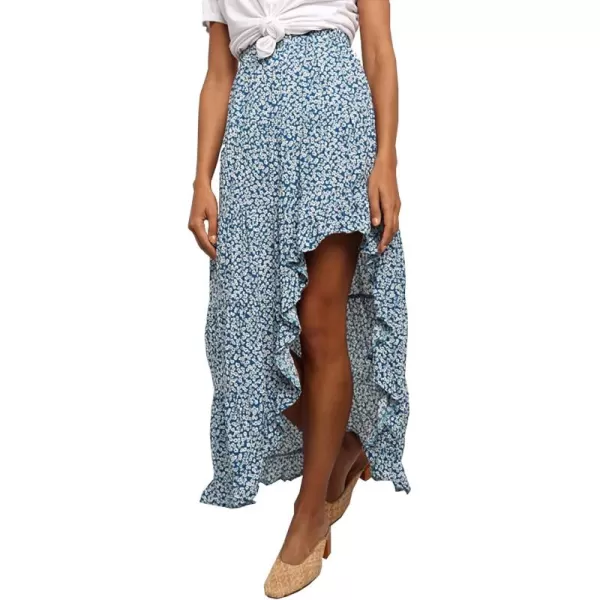 BTFBM Women 2024 Summer Spring Boho Long Skirts Dress Floral Print Elastic Waist Split Ruffle High Low Beach Maxi SkirtBlue