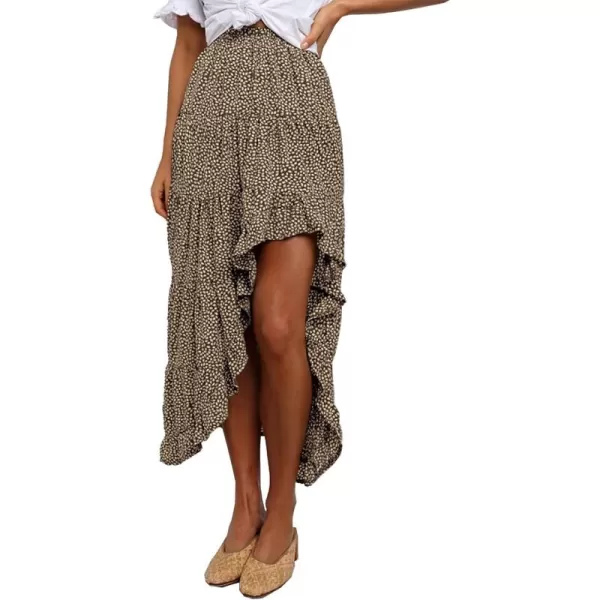 BTFBM Women 2024 Summer Spring Boho Long Skirts Dress Floral Print Elastic Waist Split Ruffle High Low Beach Maxi SkirtCoffee