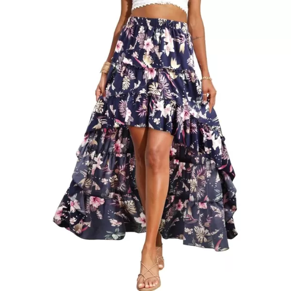 BTFBM Women 2024 Summer Spring Boho Long Skirts Dress Floral Print Elastic Waist Split Ruffle High Low Beach Maxi SkirtFloral Dark Blue