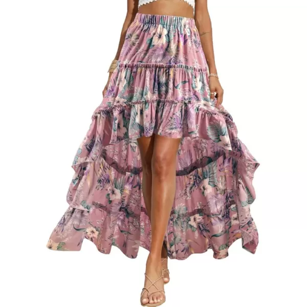 BTFBM Women 2024 Summer Spring Boho Long Skirts Dress Floral Print Elastic Waist Split Ruffle High Low Beach Maxi SkirtFloral Dark Pink
