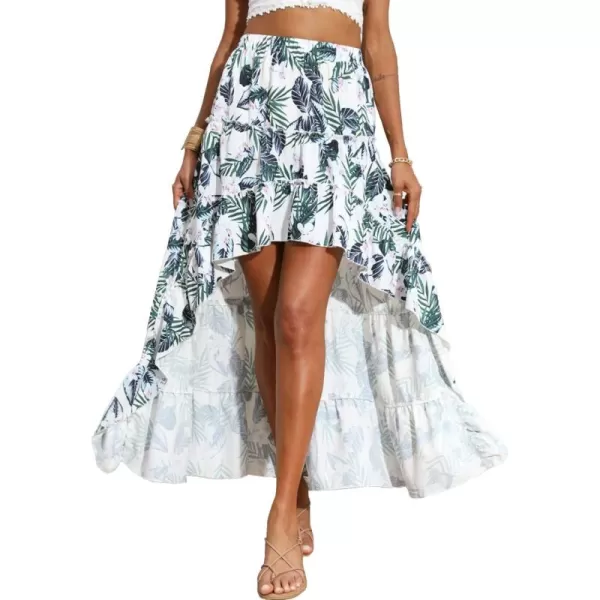 BTFBM Women 2024 Summer Spring Boho Long Skirts Dress Floral Print Elastic Waist Split Ruffle High Low Beach Maxi SkirtFloral White