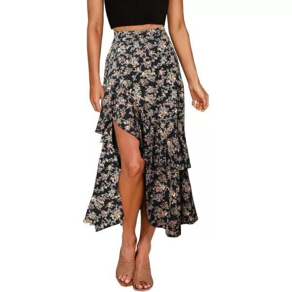 BTFBM Women 2024 Summer Spring Boho Long Skirts Dress Floral Print Elastic Waist Split Ruffle High Low Beach Maxi SkirtPrint Floral Black