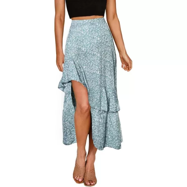 BTFBM Women 2024 Summer Spring Boho Long Skirts Dress Floral Print Elastic Waist Split Ruffle High Low Beach Maxi SkirtPrint Floral Green