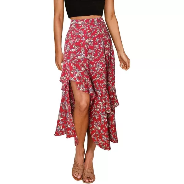 BTFBM Women 2024 Summer Spring Boho Long Skirts Dress Floral Print Elastic Waist Split Ruffle High Low Beach Maxi SkirtPrint Floral Red