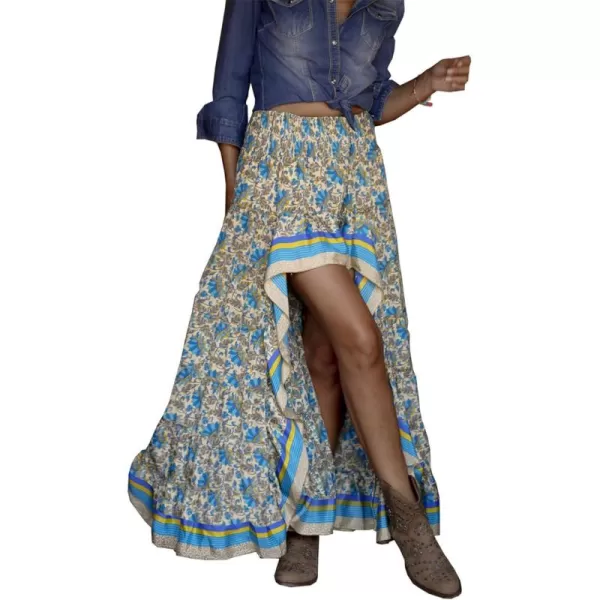 BTFBM Women 2024 Summer Spring Boho Long Skirts Dress Floral Print Elastic Waist Split Ruffle High Low Beach Maxi SkirtXblue