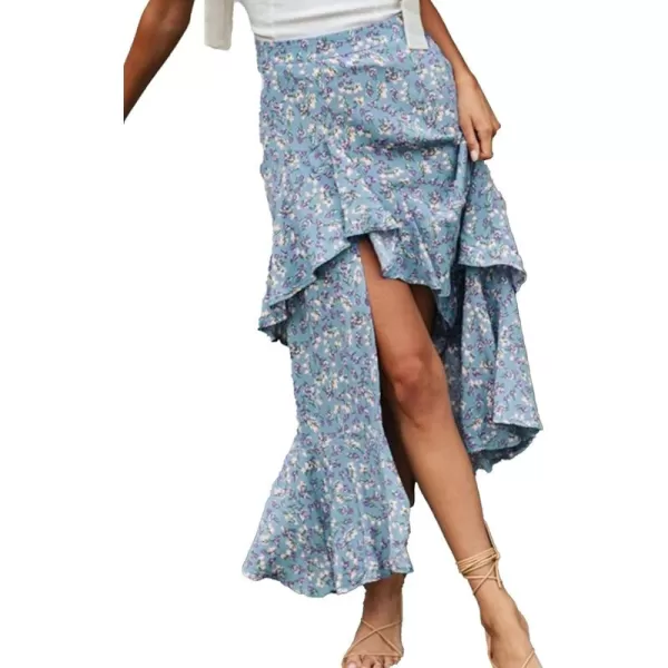 BTFBM Women 2024 Summer Spring Boho Long Skirts Dress Floral Print Elastic Waist Split Ruffle High Low Beach Maxi SkirtZblue