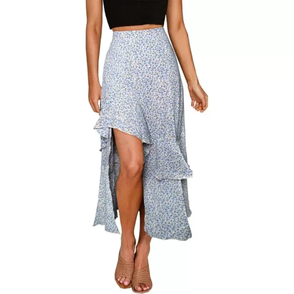 BTFBM Women 2024 Summer Spring Boho Long Skirts Dress Floral Print Elastic Waist Split Ruffle High Low Beach Maxi SkirtZlight Blue