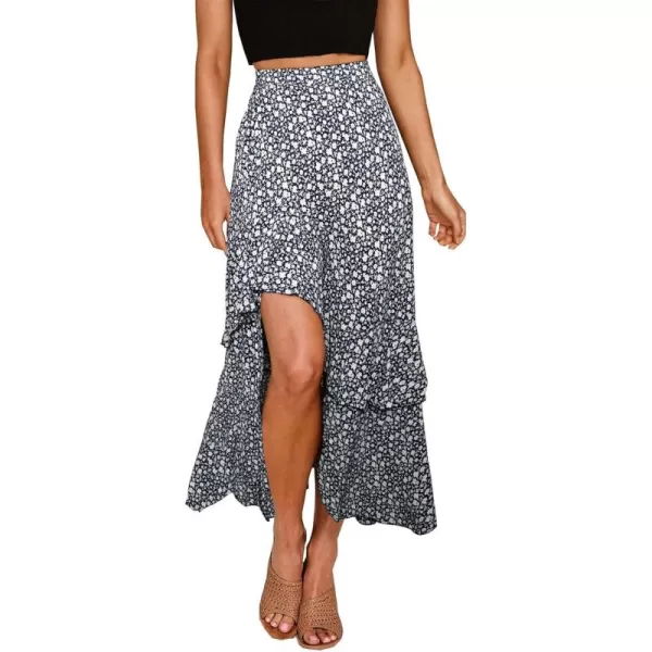 BTFBM Women 2024 Summer Spring Boho Long Skirts Dress Floral Print Elastic Waist Split Ruffle High Low Beach Maxi SkirtZnavy