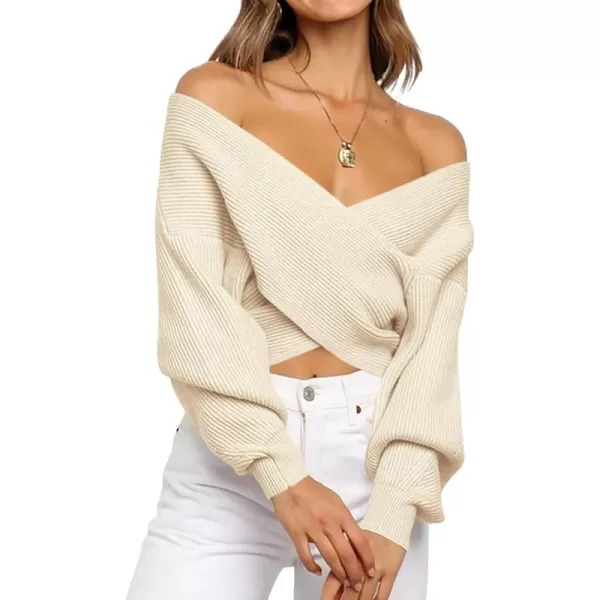 BTFBM Women Casual V Neck Long Sleeve Sweaters Cross Wrap Front Off Shoulder Asymmetric Hem Knitted Crop Solid PulloverSolid Apricot