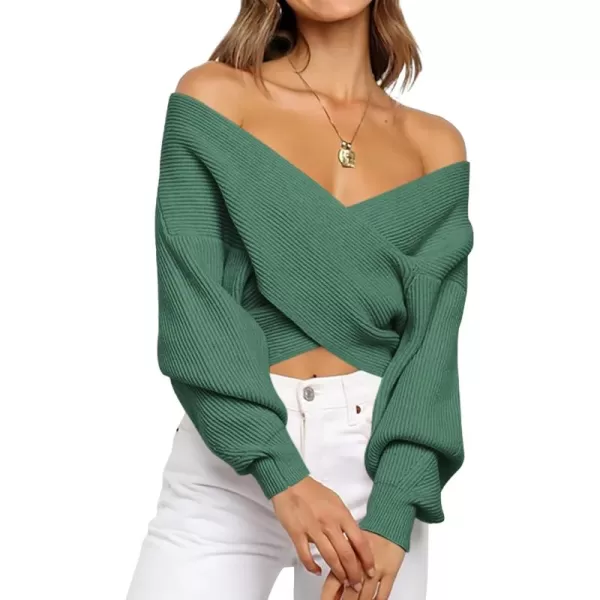 BTFBM Women Casual V Neck Long Sleeve Sweaters Cross Wrap Front Off Shoulder Asymmetric Hem Knitted Crop Solid PulloverSolid Army Green