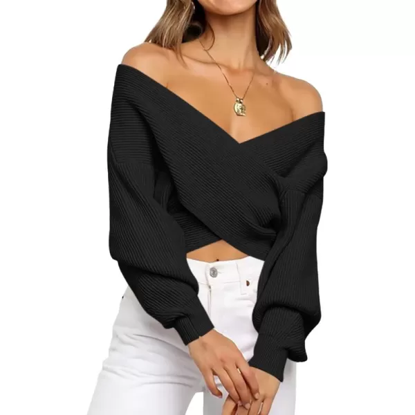 BTFBM Women Casual V Neck Long Sleeve Sweaters Cross Wrap Front Off Shoulder Asymmetric Hem Knitted Crop Solid PulloverSolid Black