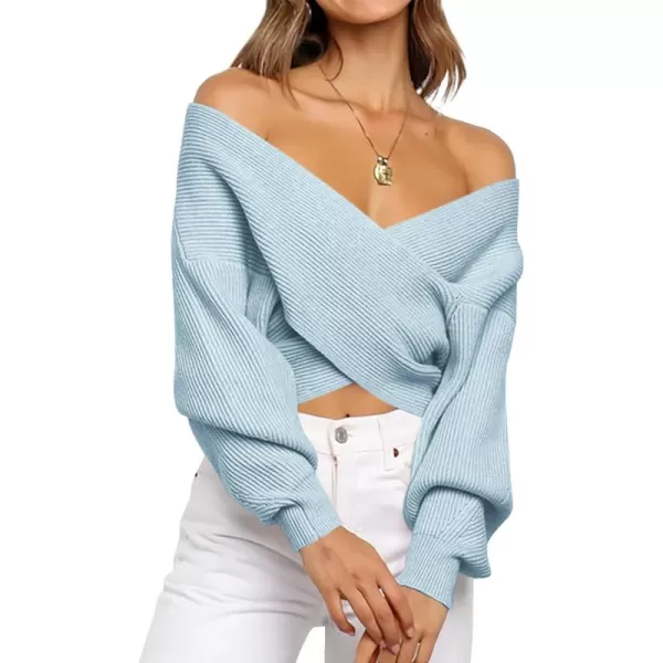 BTFBM Women Casual V Neck Long Sleeve Sweaters Cross Wrap Front Off Shoulder Asymmetric Hem Knitted Crop Solid PulloverSolid Blue