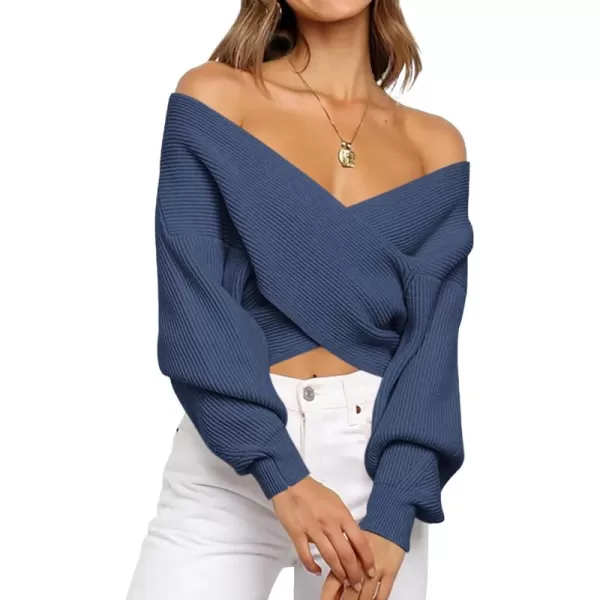 BTFBM Women Casual V Neck Long Sleeve Sweaters Cross Wrap Front Off Shoulder Asymmetric Hem Knitted Crop Solid PulloverSolid Blue Grey