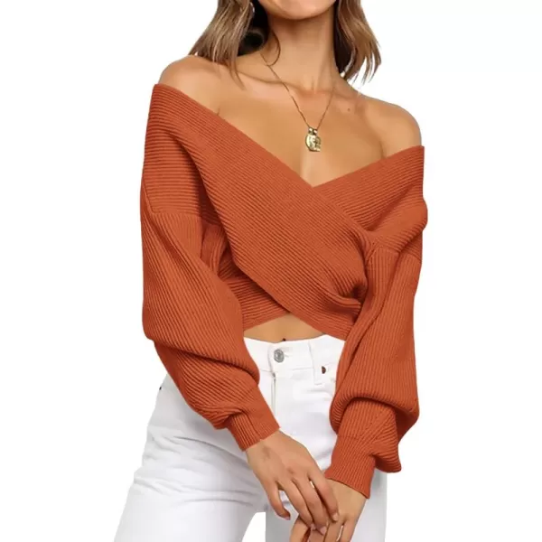 BTFBM Women Casual V Neck Long Sleeve Sweaters Cross Wrap Front Off Shoulder Asymmetric Hem Knitted Crop Solid PulloverSolid Brown