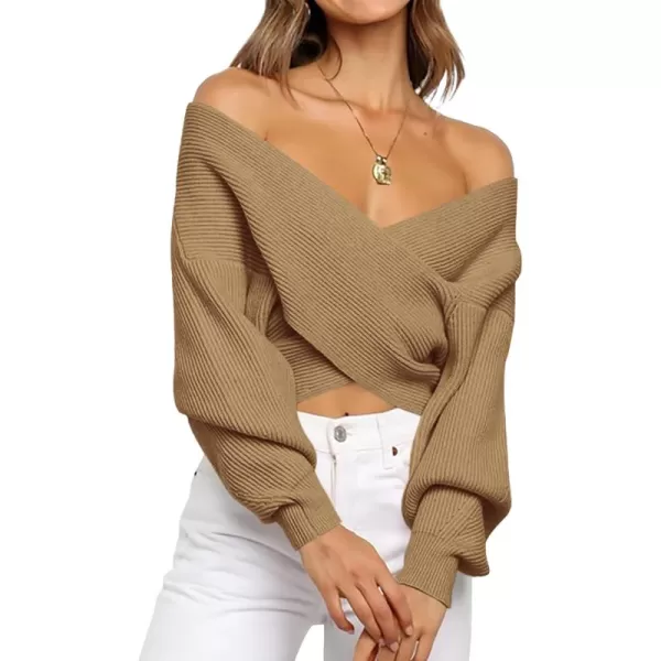 BTFBM Women Casual V Neck Long Sleeve Sweaters Cross Wrap Front Off Shoulder Asymmetric Hem Knitted Crop Solid PulloverSolid Camel