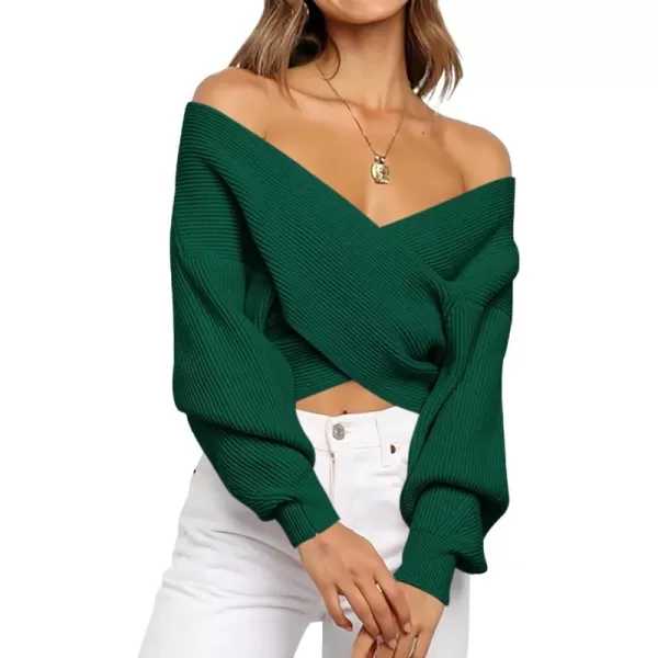 BTFBM Women Casual V Neck Long Sleeve Sweaters Cross Wrap Front Off Shoulder Asymmetric Hem Knitted Crop Solid PulloverSolid Dark Green