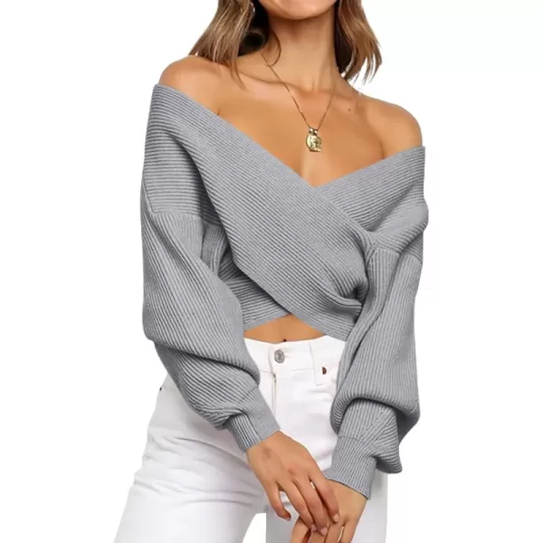 BTFBM Women Casual V Neck Long Sleeve Sweaters Cross Wrap Front Off Shoulder Asymmetric Hem Knitted Crop Solid PulloverSolid Grey