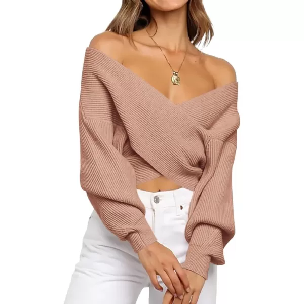 BTFBM Women Casual V Neck Long Sleeve Sweaters Cross Wrap Front Off Shoulder Asymmetric Hem Knitted Crop Solid PulloverSolid Khaki