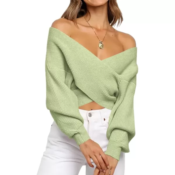 BTFBM Women Casual V Neck Long Sleeve Sweaters Cross Wrap Front Off Shoulder Asymmetric Hem Knitted Crop Solid PulloverSolid Light Green