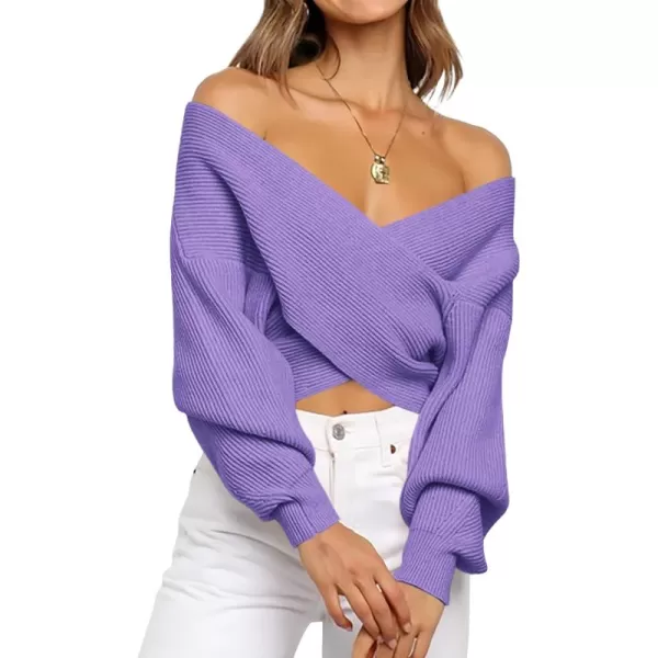 BTFBM Women Casual V Neck Long Sleeve Sweaters Cross Wrap Front Off Shoulder Asymmetric Hem Knitted Crop Solid PulloverSolid Purple