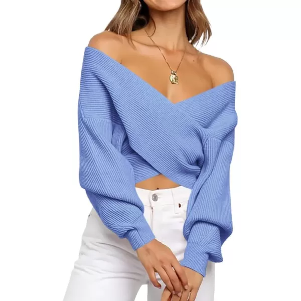 BTFBM Women Casual V Neck Long Sleeve Sweaters Cross Wrap Front Off Shoulder Asymmetric Hem Knitted Crop Solid PulloverSolid Sky Blue