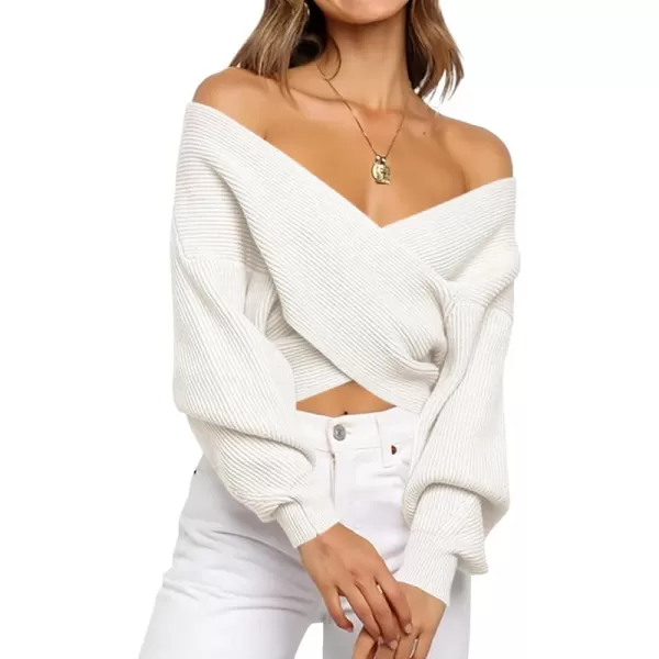 BTFBM Women Casual V Neck Long Sleeve Sweaters Cross Wrap Front Off Shoulder Asymmetric Hem Knitted Crop Solid PulloverSolid White
