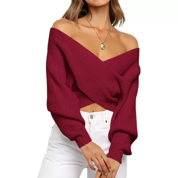 BTFBM Women Casual V Neck Long Sleeve Sweaters Cross Wrap Front Off Shoulder Asymmetric Hem Knitted Crop Solid PulloverSolid Wine Red