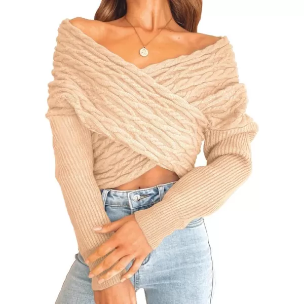 BTFBM Women Casual V Neck Long Sleeve Sweaters Cross Wrap Front Off Shoulder Asymmetric Hem Knitted Crop Solid PulloverTwist Beige Apricot