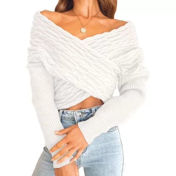 BTFBM Women Casual V Neck Long Sleeve Sweaters Cross Wrap Front Off Shoulder Asymmetric Hem Knitted Crop Solid PulloverTwist Beige White
